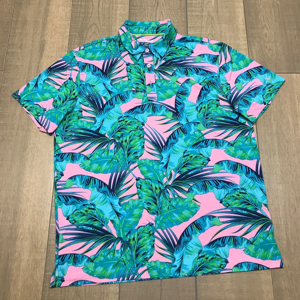 Birdie Bound Polo Shirt Mens Sz L Multicolor Leaf Golf Short Sleeve Performance